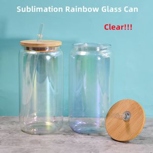 12oz 16oz昇華虹色ガラス缶紫外線カラービールガラスタンブラークリア竹のふたと再利用可能な藁