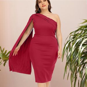 Plus Size Dresses Elegant Red Sexy One Shoulder Cloak Sleeve Bodycon Tunics Slit Drape For Classy Lady Party Evening Event