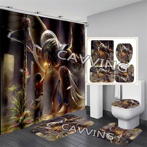 Cavving 3Dプリントエジプトの神の目のホルスエジプトの神の目ファラオアヌビスシャワーカーテン防水バスルームアンチスリップマットセット01 220429