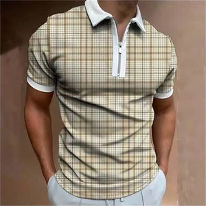 Vestuário de streetwear de verão Homens moda moda xadrez de manga curta Camisas pólo casual turn colar zipper design de retalhos de retalhos 220614gx