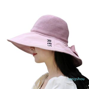 Wide Brim Hats Cap Bow-knot Decor Women Sunshade Fasten String Female Lady Outdoor Foldable Beach Sun Cap Wide