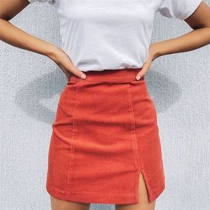 Kvinna corduroy kjol sommar sexig mini vintage harajuku kjolar mini slits smal h￶g midja rak kjol dam koreansk stil 210306
