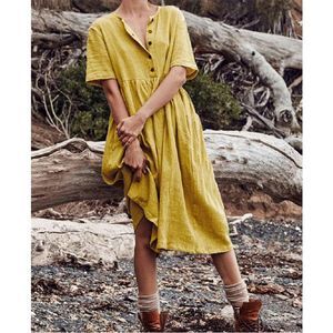 Summer Cotton Linen Midi Dress for Women Plunging Neckline Short Sleeve Long Dresses with Pocket High-Waisted Elegant Skirt