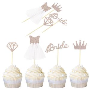 Andra evenemangsfestleveranser 8/16st Rose Gold Glitter Bride för att vara Diamond Wedding Dress Cupcake Toppers Bridal Shower Bachelorette DIY Deco