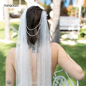 Bridal Veils V03 Wedding Veil One Layer Pearls With Comb Bachelorette Party Accessories Boho Chapel Veilbridal