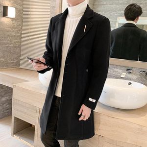 Мужская шерстяная смеси повседневная ветряная пиджака Длинное пальто