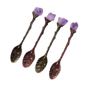Natural Amethyst Tooth Flower Arts Spoon Ice Cream Coffee Dessert Copper Creative Table Seary Long Handle Spoons med vit presentförpackning