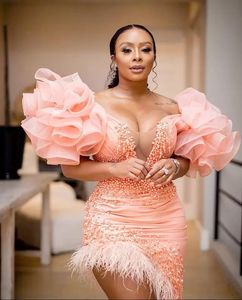 2022 Plus Size Arabic Aso Ebi Pink Stylish Luxurious Prom Dresses Pearls Sheath Feather Evening Formal Party Second Reception Gowns
