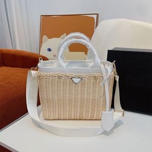 Knitting Beach Bags Straw Tote Bag Women Handbag Patchwork Canvas Hollow Out Letter Triangle Hardware Decoration Zipper Closure Double Handle High Quality