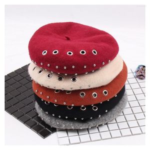 Berets Winter Hats For Women Knitted Wool Beret Beanie Autumn Artist Cap Solid Painter With Rivet HatsBerets Delm22