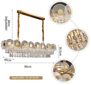 Moderne LED-Kronleuchterlampen für die Kücheninsel, neue ovale Design-Esszimmerleuchte, luxuriöse rechteckige Tisch-Hängelampe aus Goldkristall
