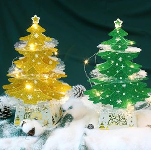 Christmas Decorations Mini Desktop Christmas Tree Ornaments Shiny 3D Pop-up Card With Lights Xmas Decoration SN4634