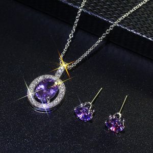 Earrings & Necklace Evening Egg Shaped Jewelry Set For Women Purple Zircon Silver Color Round Earring Fashion Wholesale KAS150Earrings