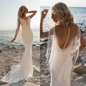 Русалка богемские свадебные платья бахрома сексуальные v Neck Beach Tassel Tails Wridal Howns Рукокачие