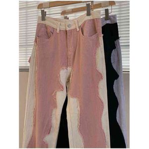 Retro damskie dżinsy różowe High Street Hip Hop Szyging Dżinsowe spodnie luźne proste spodnie nogi mody spodni L220728