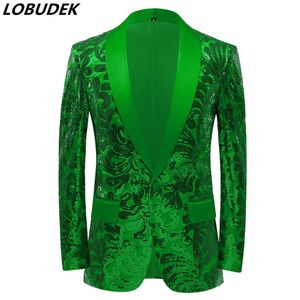 Erkek Düğün Takım Elbise Ceket Sequins Blazers Şampanya Altın Ince Rahat Smokin Şal Yaka Bar Akşam Parti Şarkıcı Konser Glitter Coat Show Sahne Kostüm Kırmızı Yeşil