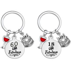 Keychain de aço inoxidável Número criativo 60 Cake Wine Glass Keychains Pingente Birthday Party Gift Chain Keyring Keyring