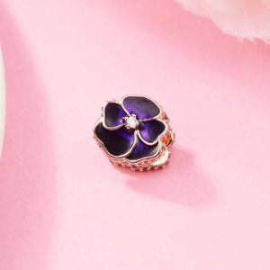 2022 Spring Silver Beads Rose Color Deep Purple Pansy Flower Pandora Charms for Bracelets DIY Jewlery Making Loose Bead Jewelry bracelet wholesale 780777C01