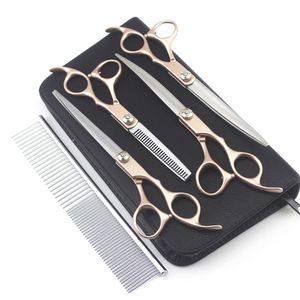 4 pcs 7inch ouro punho tesoura cão profissional grooming cabeleireiro conjunto de cisalhamento kit curvado pet groomer ferramentas 220317
