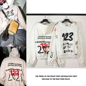 Graffiti vintage letra 123 Imprimir Hoodie solta camisola americana casaco