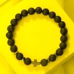 Beaded Strands Men Cross Black Lava Bracelets Natural Tiger Eye Stone Onyx Meditation Prayer Wooden Bead Bracelet Bangle Women Yoga JewelryB