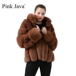 Pink Java 19018 Women Coat Winter Pälsjacka Real Pälsrockar Naturliga pälsjackor Långärmar Stand Collar 201016