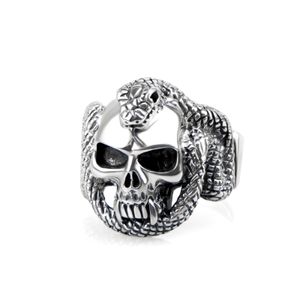 Anello con testa di teschio con un grande serpente Gioielli di moda in argento sterling 925 per uomo Accessori stile punk