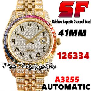 SF Latest zz126334 A3255 Automatic Mens Watch jj228348 ew228398 Rainbow Diamonds Bezel Arabic Dial 904L Stainless Iced Out Diamond Gold Bracelet eternity Watches