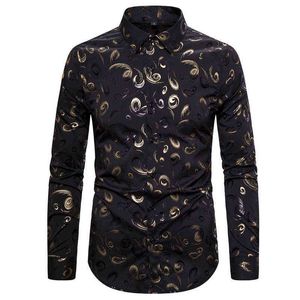 Mens Black Gold Floral Dress Shirts Shiny Bronzing Slave Longa Menina Business Wedding Groom Tuxedo Camisa Male Chemise Homme L220704