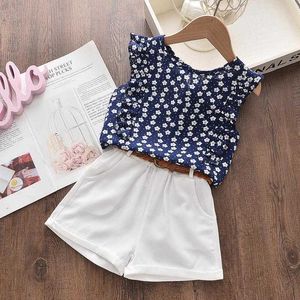 Roupas de roupas para meninas roupas definidas para crianças terno de calça floral sem mangas com cinto 2pcs roupas casuais trajes