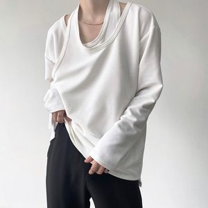 Men's T-Shirts Tshirt For Men Double Collar Long Sleeve Loose T-shirt Male Korean Streetwear Niche Tees Shirts Couple Tops Women T-shirtsMen