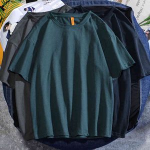 2021 Summer New Versatile Drop Shoulder Sleeve T-shirt Men's Cotton Loose Large Solid Color 5-sleeve T-shirt