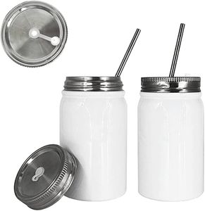 Sublimation Blank Mason Jar Tumbler 17 OZ Stainless Steel White Water Cup With Straw and Lid DIY Heat Transfer Print Mugs FY5078