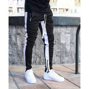 Män jogger byxor fitness bodybuilding gym lång vår höst sida stripe zippered casual mode sweatpants byxor 220325