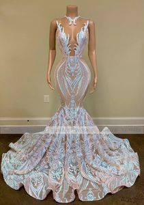 Vestidos de Baile Longos de Lantejoulas Brilhantes para Meninas 2022 Sexy Transparente com Pescoço Sereia Africano Feminino Gala Noite Vestidos de Festa Robes Vestido