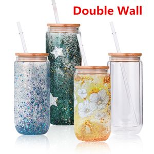 US Stock Double Walled Glass Water Bottles 16oz 20oz Straight Förborrade Snow Globe Mugs för sublimering och glitterkoppar