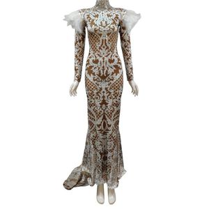 Scenkläder avancerad elegant glittrande strass vit fjäder lång ärm släpande klänning kvinnor elegant kväll prom firar festklänning