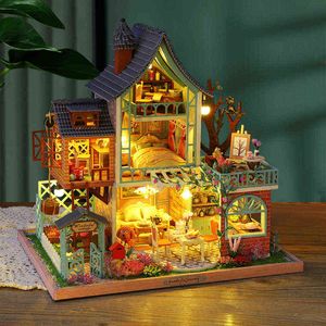 Montieren Sie Diy Puppenhaus Holzpuppenhäuser Miniatur Puppenhaus Möbel Kits Casa Musik Led Spielzeug Für Kinder Geburtstagsgeschenke AA220325