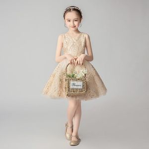 Girl's Dresses Beads Sequin Golden Tulle Flower Girl Dress Wedding Party Beauty Pageant Clothes Kids Princess First Communion Gown