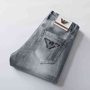 Brand Fashion Embroidered Jeans Men's Korean Version Casual Slim Fit Small Feet Elastic Cotton Spring Summer Thin