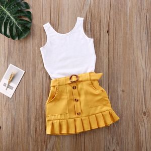 2PCs Crianças para crianças roupas de menina de menina de menina com mangas de vestuário sólido vestuário amarelo vestido de verão