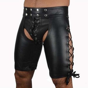 Męskie szorty męskie czarne sztuczne patentowe spodnie skórzane spodnie nocne scena chuda wydajność spodnie Mężczyźni seksowne otwarte spodnie krocze