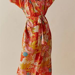 Bohemia Orange Flower Leaves Print Long Kimono Shirt Ethnic Lacing up Sashes Long Holiday Cardigan Loose Blouse Tops 220511