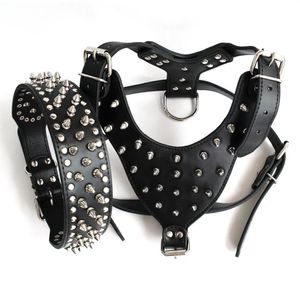 Ganzbraunes, großes, mit Spikes und Nieten besetztes Leder-Hundegeschirr, Halsband-Set für Pit Bull Mastiff202Q