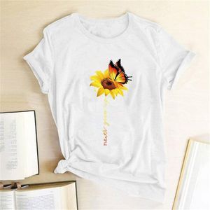 Estetisk bomull T-shirt Kvinnor Harajuku Grafiska Tees Femme Sun Flower Butterfly White Women's T-shirt Ge aldrig upp Tshirt