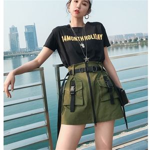 2020 Kvinnors svarta kjolar Pocket Sashes Ladies Short Tool Summer High midja En linje Zipper ett steg med Belt LJ200820