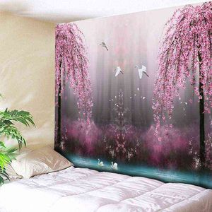 Pink Flower And Bird Print Tapestry Bohemia Garden Decoration Wall Rugs For Room Cloth Tapiz J220804