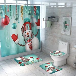 Christmas Bathroom Decorations Xmas Shower Curtain Foor Mat Toilet Seat Cushion Set Santa Snowman Merry Christmas Decor For Home 201027