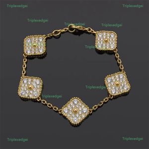 Luxury Full Diamond Five Flower Chain Four Leaf Clover Bracelet Korean Fashion Designer Crystal Bracelet For Women 18K Gold Plated Jewelry