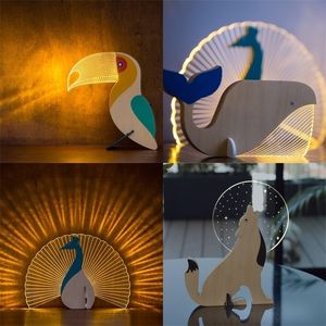 Creative Home Decorate Animal Luminous Wood Acrylic Art Table Ornaments Sirius Whale Toucan Room Decor 220811